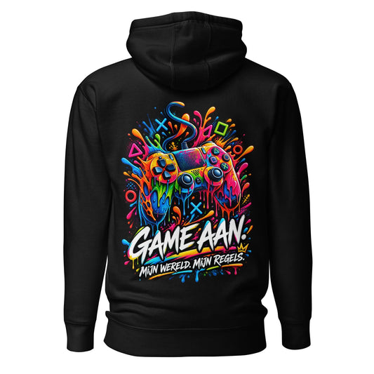 Gaming Hoodie Unisex – Game Aan, Mijn Wereld Mijn Regels – achterkant