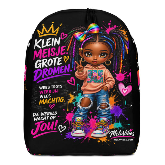 Kleurrijke meisjes rugzak Klein Meisje Grote Dromen – voorkant
