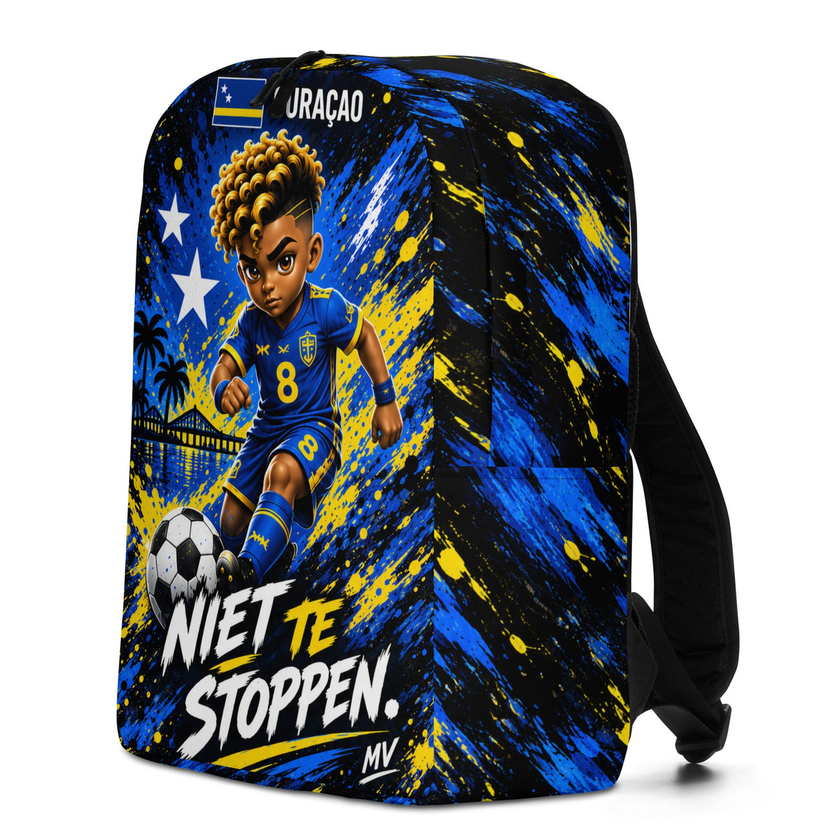 Blauw gele Curaçao voetbalrugzak – linkerzijaanzicht