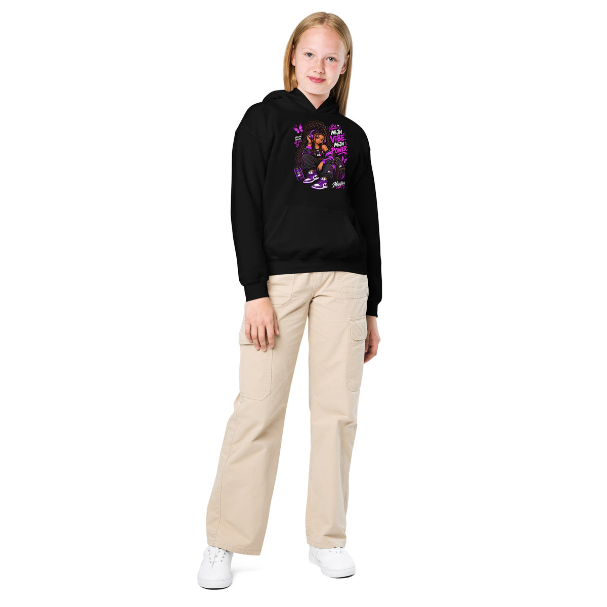 Kleurrijke Kids Hoodie 7–13 Jaar – Mijn Vibe, Mijn Power – vooraanzicht