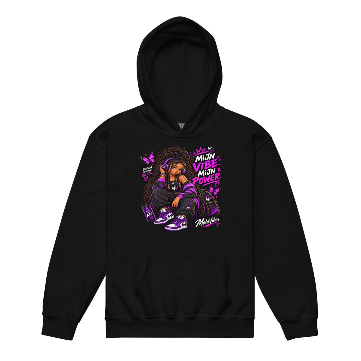 Kleurrijke Kids Hoodie 7–13 Jaar – Mijn Vibe, Mijn Power – voorkant