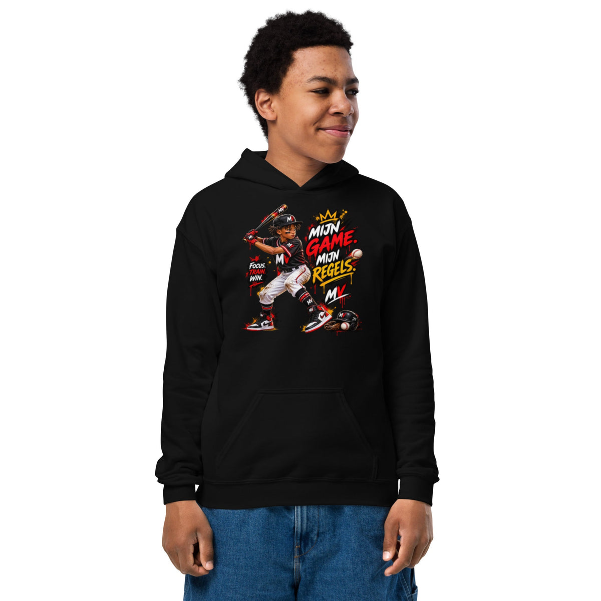 Honkbal Hoodie voor Kids 7–13 Jaar – Mijn Game, Mijn Regels – vooraanzicht