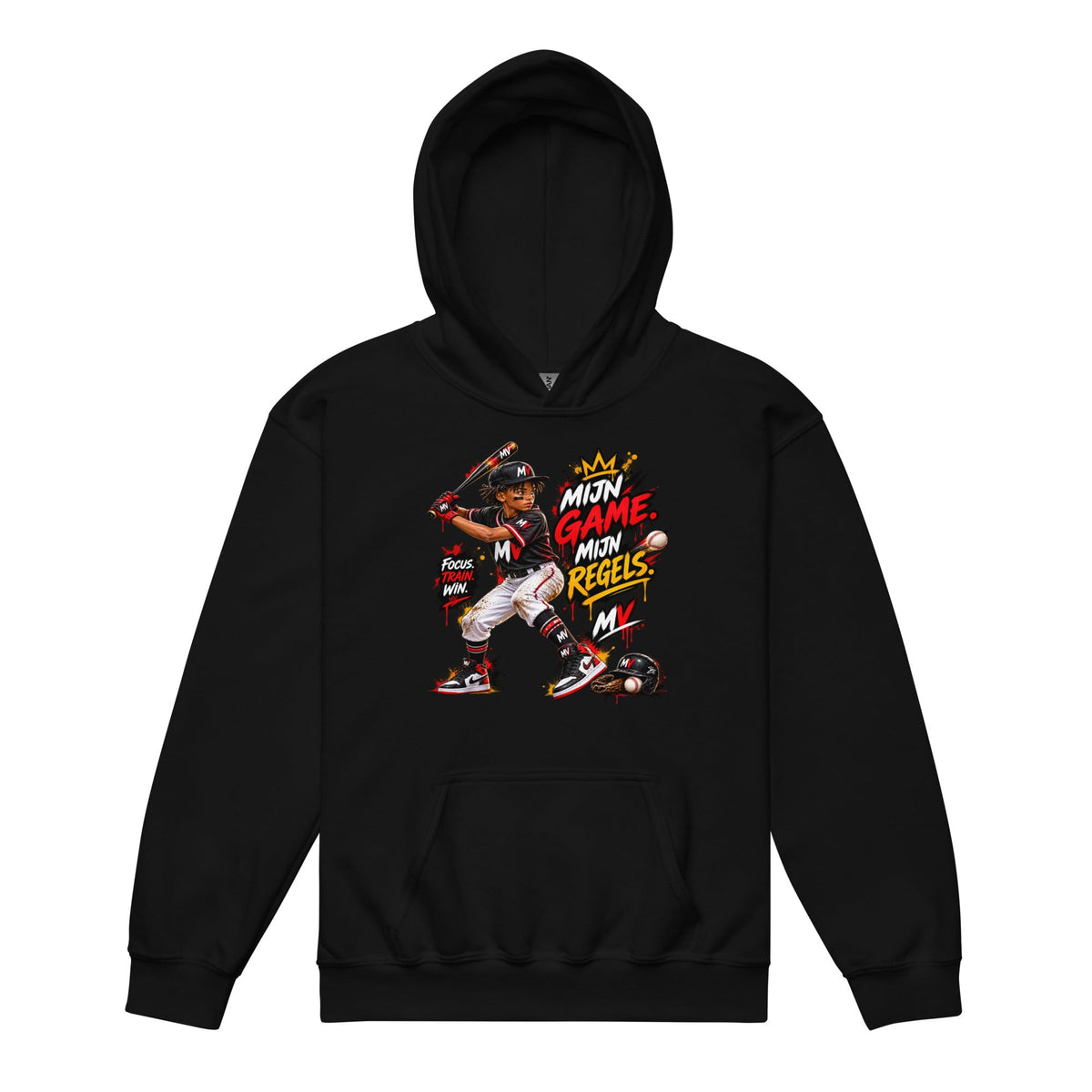 Honkbal Hoodie voor Kids 7–13 Jaar – Mijn Game, Mijn Regels – voorkant