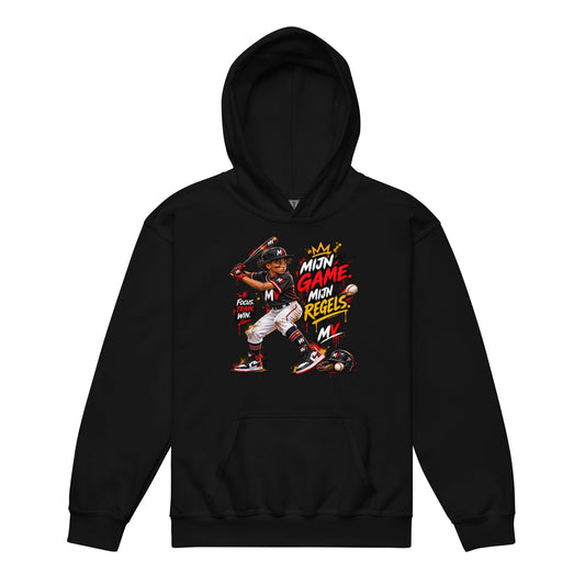 Honkbal Hoodie voor Kids 7–13 Jaar – Mijn Game, Mijn Regels – voorkant